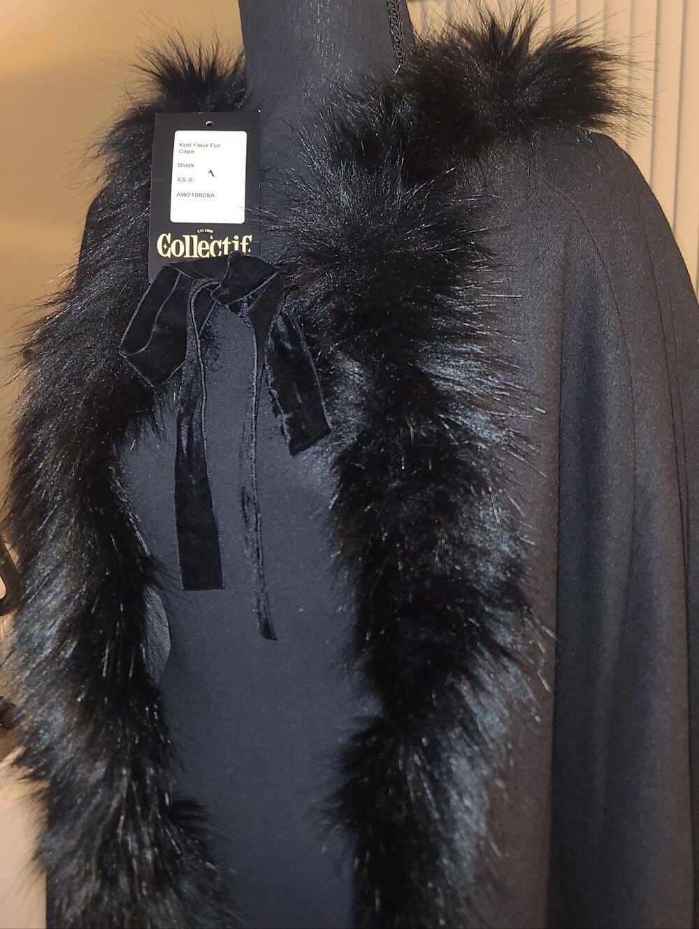 Collectif Black Faux Fur-Trim Cape with Velvet Tie